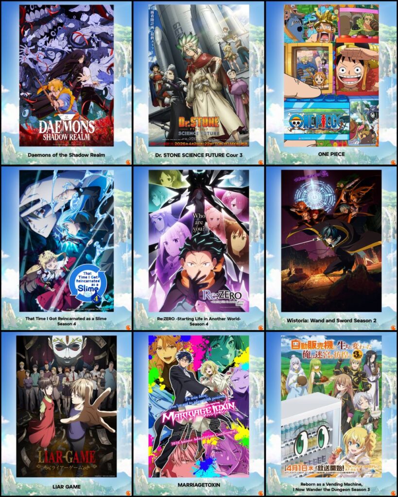 Crunchyroll Spring 2026 anime posters including One Piece, Re Zero, Dr Stone and Slime