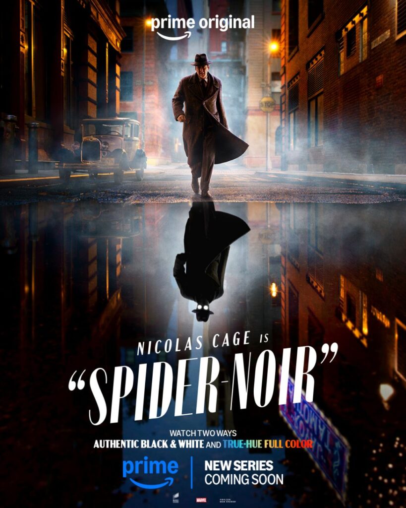 Spider-Noir Prime Video series Nicolas Cage noir detective walking street reflection 1930s New York scene