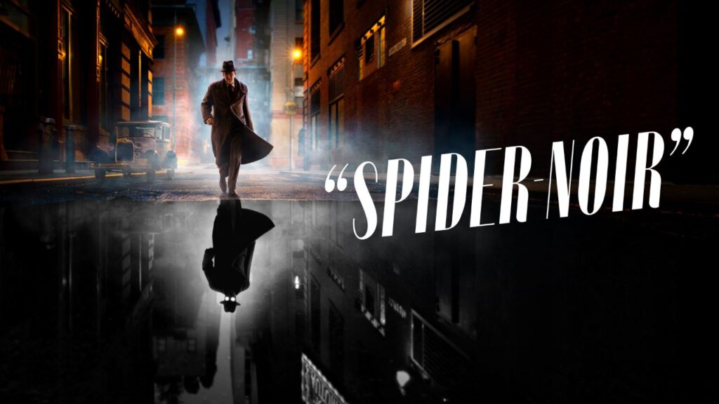 Spider-Noir Prime Video series black and white reflection aesthetic Nicolas Cage 1930s noir setting