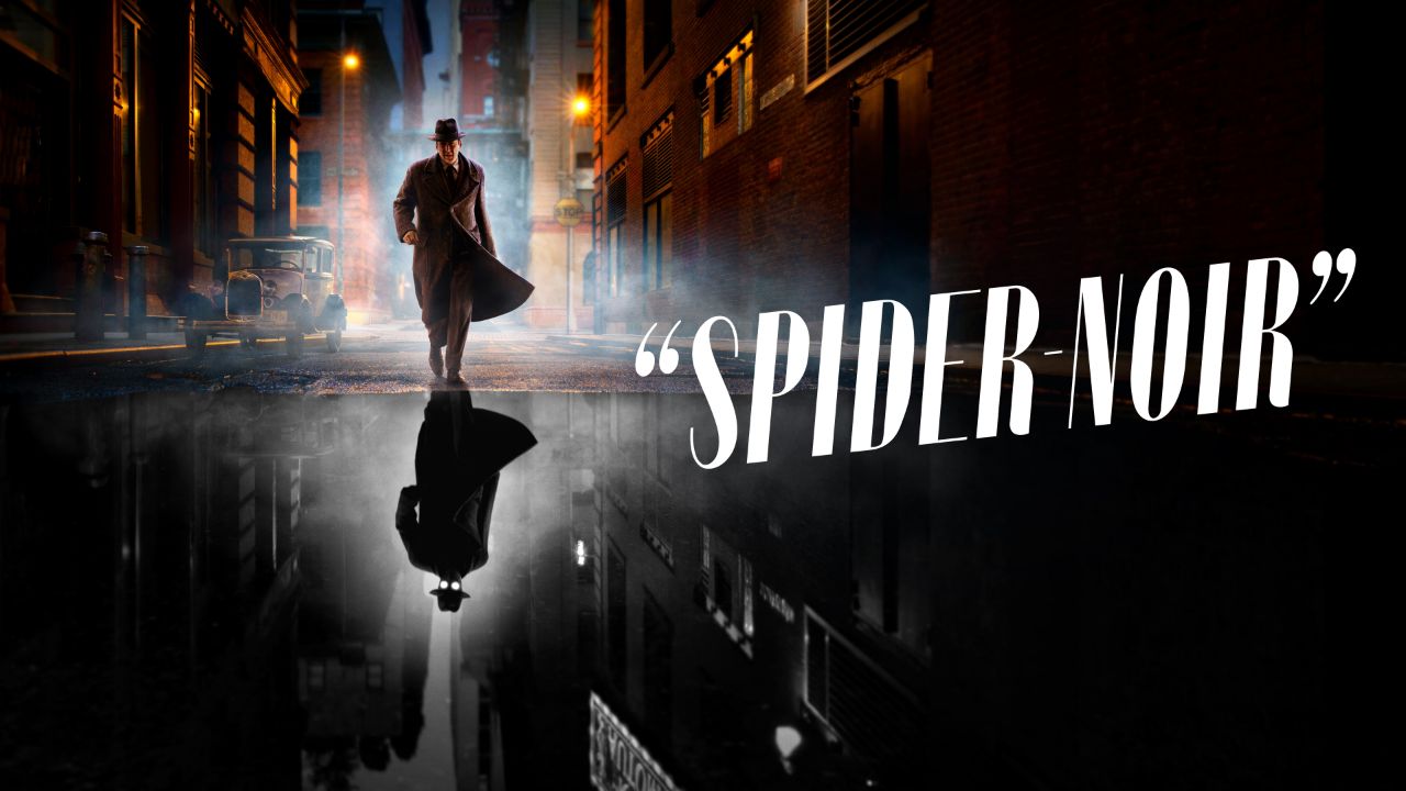 Spider-Noir Prime Video series black and white reflection aesthetic Nicolas Cage 1930s noir setting