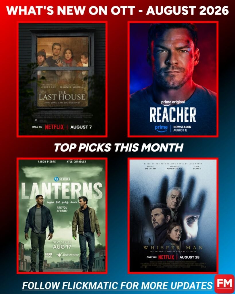 New OTT Releases (Hindi Dub) – August 2026 | Netflix, Prime Video & JioHotstar Featured image showing the biggest Hindi-dubbed OTT releases of August 2026, including Reacher Season 4, The Last House, Lanterns, and The Whisper Man, streaming on Netflix, Prime Video, and JioHotstar.