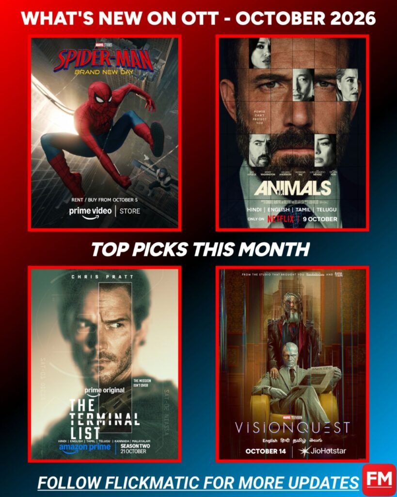 October 2026 OTT releases collage featuring East of Eden, Spider-Man Brand New Day, Carrie, Animals, VisionQuest, Below, The Terminal List Season 2, Masterplan and Lupin Part 4