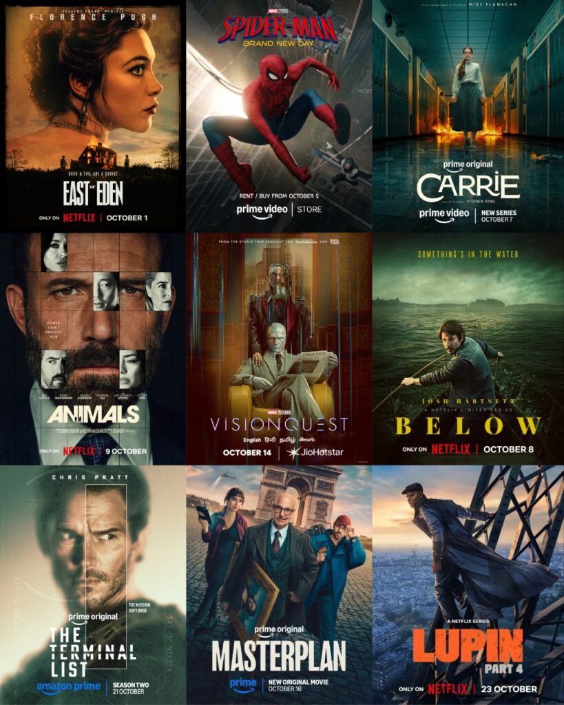 October 2026 OTT releases collage featuring East of Eden, Spider-Man Brand New Day, Carrie, Animals, VisionQuest, Below, The Terminal List Season 2, Masterplan and Lupin Part 4